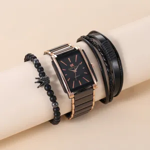 Men's fashion gift set with black rectangle quartz watch and beaded crown bracelet