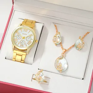 Montre en Alliage d'Or pour Femme Strass Collier Goutte d'Eau Boucles d'Oreilles Bague Casual Chiffres Romains Montre Quartz