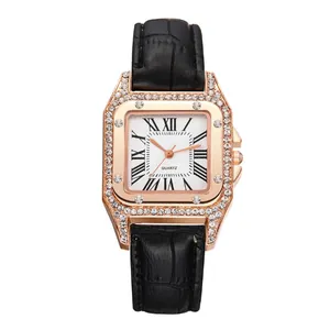 Detailed view of women's square quartz watch with crystal bezel and black leather strap