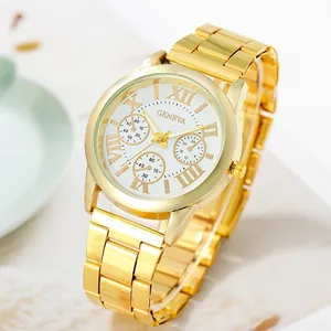 Montre Geneva classique en acier doré pour femme avec cadran blanc et chiffres romains