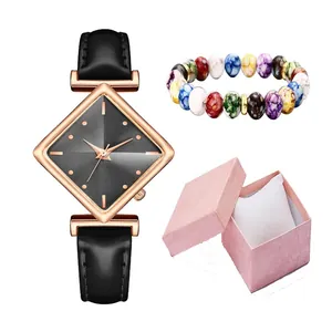 Damenarmbanduhr mit Rauten-Zifferblatt, schwarzem Lederarmband und Perlenarmband-Geschenkset