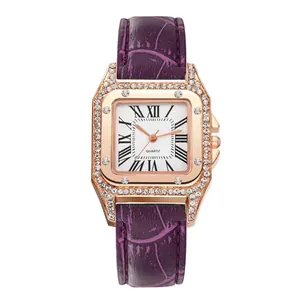 Macro detail of rose gold square watch with purple leather strap and diamond bezel