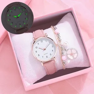 Pink women watch set with floral bracelet and luminous dial in gift box detail