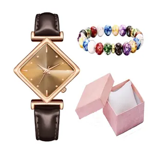 Damen-Armbanduhr im Vintage-Stil, rautenförmiges Zifferblatt und Marmorperlen-Armband