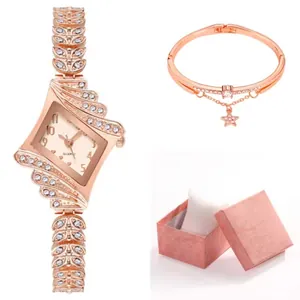 Damen-Roségold-Rhombusuhr und Sternenarmband-Set in einer rosa Geschenkbox