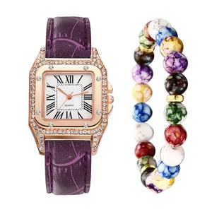 Elegant women's square rose gold watch with purple leather strap and bead bracelet set