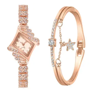 Elegant rose gold rhombus watch and sparkling rhinestone bracelet set for women
