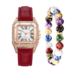 Women's rose gold square watch with Roman numerals and red crocodile leather strap
