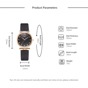 Details van het zwarte leren horloge met roségouden kast en 32mm wijzerplaatafmetingen