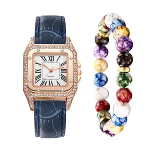 Women's square quartz watch with rhinestone bezel and colorful beaded bracelet set