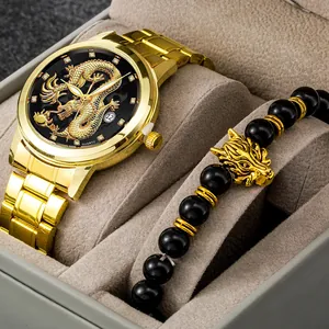 Montre à quartz luxe pour homme en or avec cadran dragon et ensemble bracelet perles