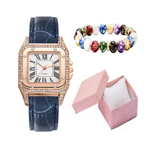 Women's square quartz watch with rose gold case, blue leather strap and marble bracelet