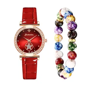 Elegant women's red quartz watch set with diamond bezel and beaded colorful bracelet