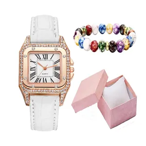 Women's square quartz watch with leather strap and colorful bead bracelet gift set