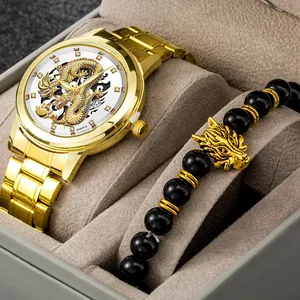 Montre à quartz dorée de luxe pour homme avec cadran dragon et bracelet en perles