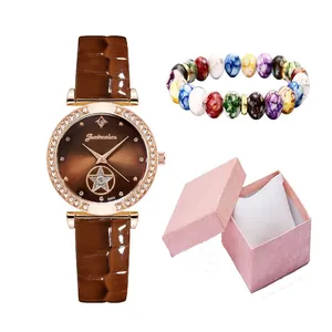 Women's quartz watch set with brown leather strap and colorful beads in gift box