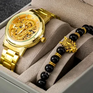 Montre Quartz Homme Luxe Relief Dragon Et Bracelet Tête De Dragon Or Acier Inoxydable Strass Calendrier Affaires Montre Bracelet