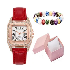 Women's square quartz watch with red crocodile strap and matching beaded bracelet set