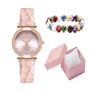 Women's pink leather watch set with crystal bezel, beaded bracelet and matching gift box
