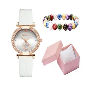 Women's quartz watch with white crocodile strap, beaded bracelet and pink gift box set