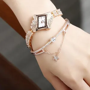 Luxury Women Rhombus Quartz Watch Rhinestone Wing Leaf Analog Wristwatch Jewelry Bracelet And Gift Box For Ladies Accessory