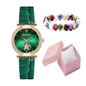Women's quartz watch gift set with green leather strap and beaded bracelet in box