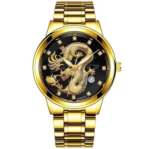 Montre à quartz dorée pour homme avec relief de dragon en 3D et cadran noir avec date