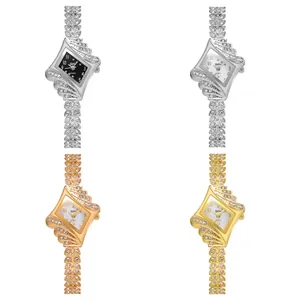 Fashionable rhombus quartz watch set for women with rhinestone leaf strap in four colors