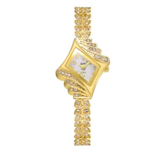 Elegant gold diamond-encrusted rhombic quartz watch for women with leaf bracelet design