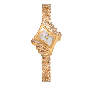 Women's gold quartz watch with diamond-set rhombus case and wheat-ear chain strap