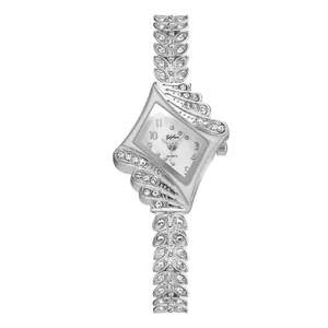 Elegant women's diamond quartz watch set with silver diamond-encrusted rhombic dial