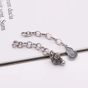 S925 vintage silver chain with ruyi gourd pendant and tassel extension detail