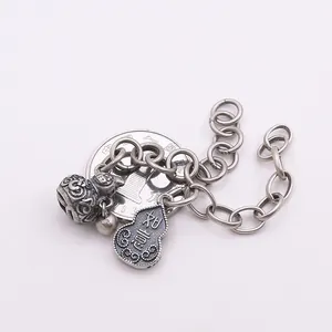 Vintage S925 silver gourd and Ruyi heart pendant chain with ornate floral engraving