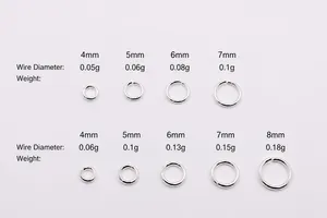 Size chart showing 0.8mm and 1.0mm S925 sterling silver jump ring weight and diameter