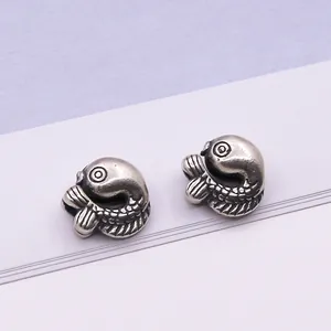 Pair of retro S925 sterling silver koi fish spacer beads for DIY jewelry making