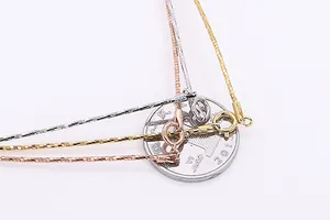 Detail of S925 sterling silver box chains in gold, silver, and rose gold finishes