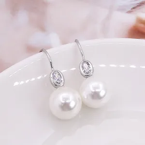 Classic S925 sterling silver pearl drop earrings with sparkling zircon inlay for women