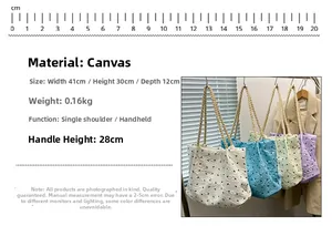 Size chart showing large canvas tote bag dimensions and functional shoulder strap specs
