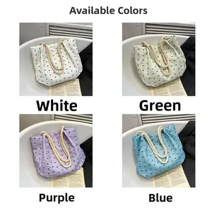 Tote bag with ribbon patterns shown in white, green, purple, and blue colors