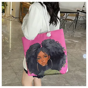 Pink canvas tote bag featuring an artistic portrait print and white rope handles