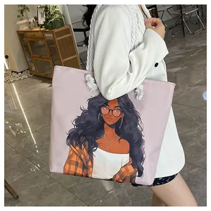 Pink canvas tote bag featuring modern female illustration and thick rope handles on model