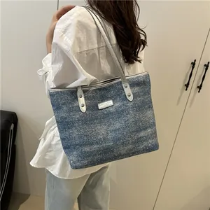 Large capacity denim blue tote bag with silver handles and sparkling sequins for women