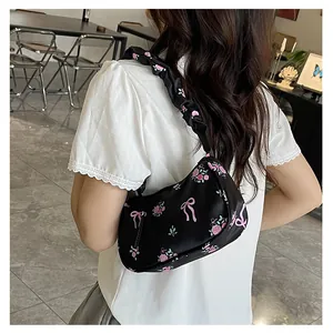 Floral shoulder bag with pink roses, bow prints and soft ruffled scrunchie strap