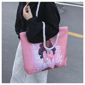 Pink canvas tote bag featuring anime print and white thick rope handles for summer