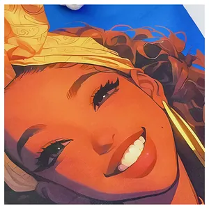 Close-up of vibrant African woman illustration on a textured canvas tote bag fabric