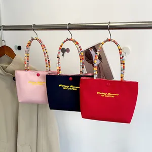 Cute Letter Embroidery Canvas Handbag Colorful Beaded Handle Mini Tote Bag Portable Mobile Phone Bag Daily Matching Purse For Women