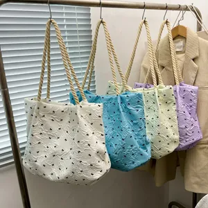 Sweet Bowknot Puckered Fabric Tote Bag With Thick Rope Handle Large Capacity Casual Shoulder Bag For Women Commuting Shopping