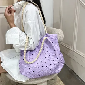 Sweet light purple tote bag with black bow prints and cream white hemp rope handles