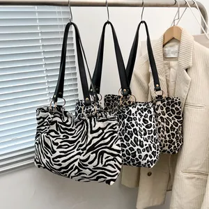 Women Canvas Tote Bag Retro Zebra Leopard Print Large Capacity Shoulder Bag Korean Style Fashion Shopping Handbag