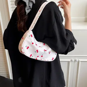 Chic white canvas shoulder bag with cherry print and hobo design for women's fashion